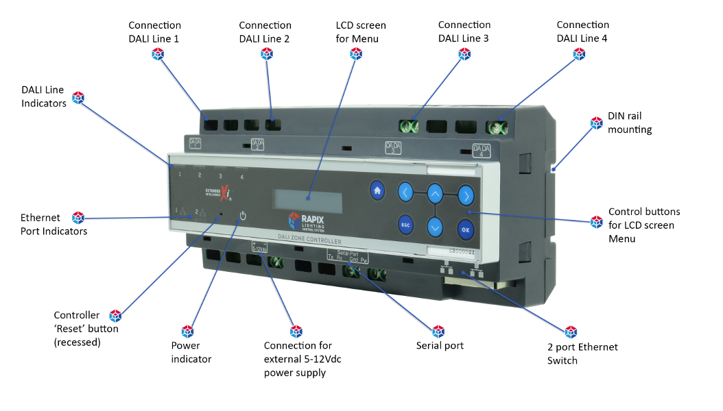 RAPIX LCS Zone Controller - 4 DALI Lines, Dual Ethernet, LCD Screen (Does not include DC Switch Mode Power Supply) - Image 8